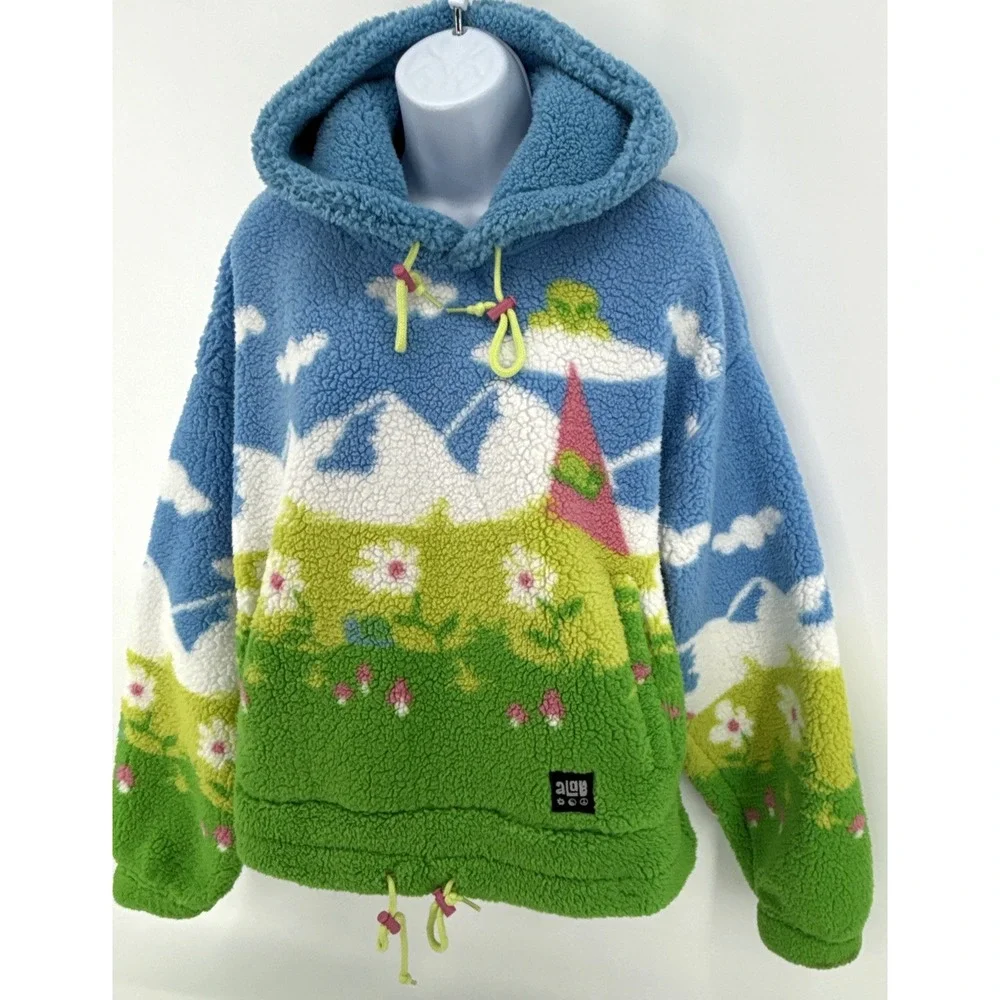 aLAB Hoodie Womens M Fleece Pullover Blue Green Scenic Graphic Cozy Sherpa - Picture 3 of 12